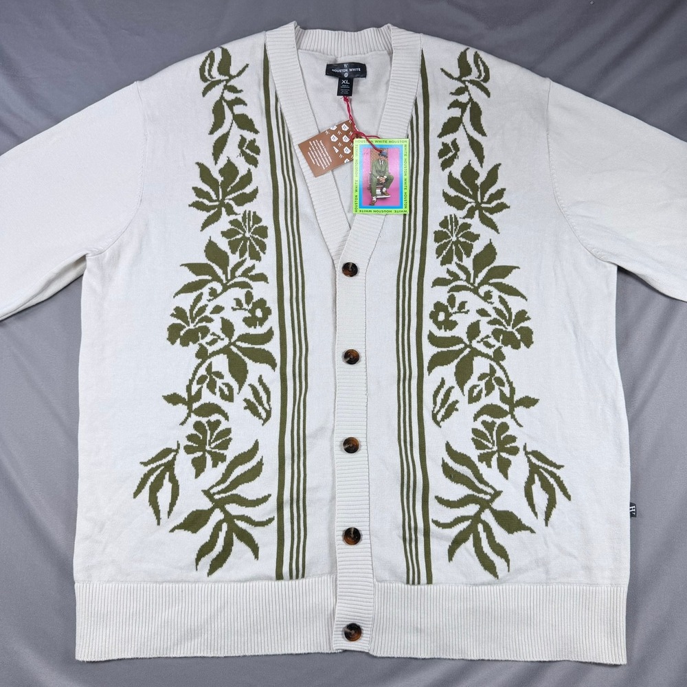Houston White Mens XL Cream Olive 100% Cotton Floral Intarsia Cardigan Sweater